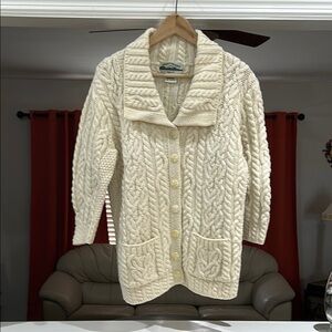 Aran Crafts Ireland 100% Merino Wool Cardigan Cream Cable Knit Sweater Size S